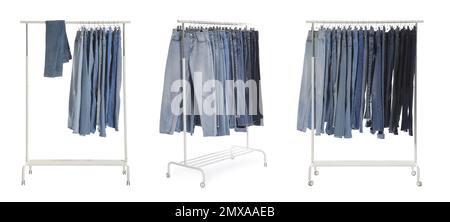 Set with racks of different jeans on white background. Banner design Stock Photo