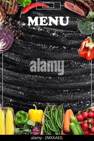 Design of menu with black board, meat and vegetables, space for text Stock Photo