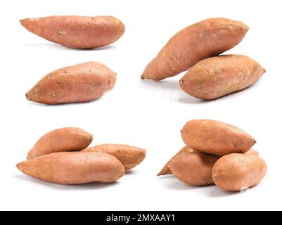 Set of whole ripe sweet potatoes on white background Stock Photo