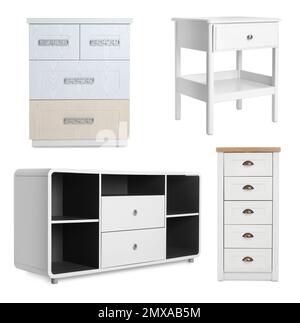 Collage of different modern furniture on white background Stock Photo