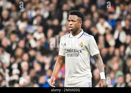 February 2, 2023: MADRID, SPAIN - FEBRUARY 2: Vinicius Junior of Real Madrid CF focus during the match between Real Madrid CF and Valencia CF of La Liga Santander on February 2, 2022 at Santiago Bernabeu of Madrid, Spain. (Credit Image: © Samuel CarreÃ±O/PX Imagens via ZUMA Press Wire) EDITORIAL USAGE ONLY! Not for Commercial USAGE! Stock Photo