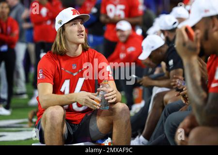 AFC quarterback Trevor Lawrence (16) of the Jacksonville Jaguars stands  alongside coach Peyton Manning during the flag football event at the NFL  Pro Bowl, Sunday, Feb. 5, 2023, in Las Vegas. (AP