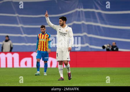 Madrid Spain; 02.02.2023.- Real Madrid player Marco Asensio celebrates his goal with his teammates. Real Madrid vs. Valencia FC. postponed match of the Spanish La Liga matchday 17 with a final score of 2-0. Held at the Santiago Bernabeu stadium in the capital of the Kingdom of Spain. The goals scored for Real Madrid by Marco Asensio 52' and Vinicius Jr. 54'. Photo: Juan Carlos Rojas Stock Photo
