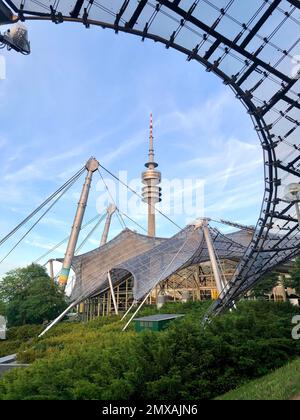 Olympic Tower and Olympic Stadium with Olympic Tent Roof, Olympic Park, Olympic Grounds, Munich, Upper Bavaria, Bavaria, Germany Stock Photo