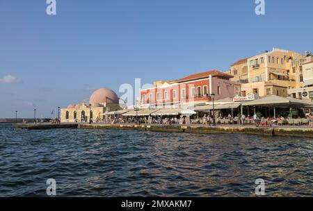 Venetian Harbour with Kioutsouk Hassan Mosque, Chania, Crete, Greece Stock Photo