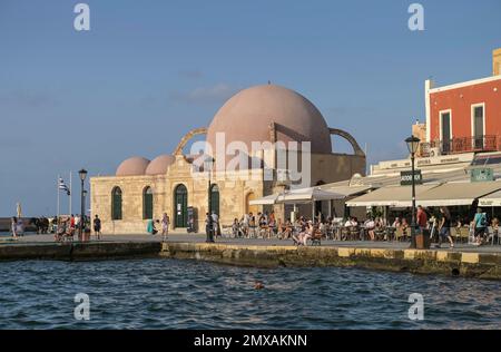 Venetian Harbour with Kioutsouk Hassan Mosque, Chania, Crete, Greece Stock Photo