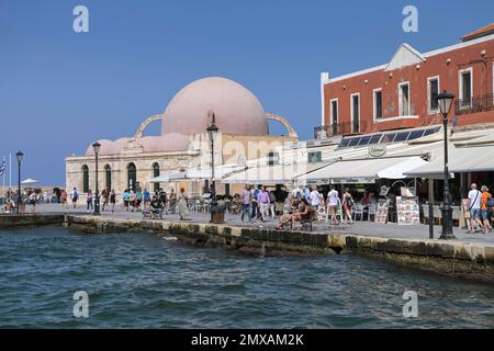 Venetian Harbour with Kioutsouk Hassan Mosque, Chania, Crete, Greece Stock Photo