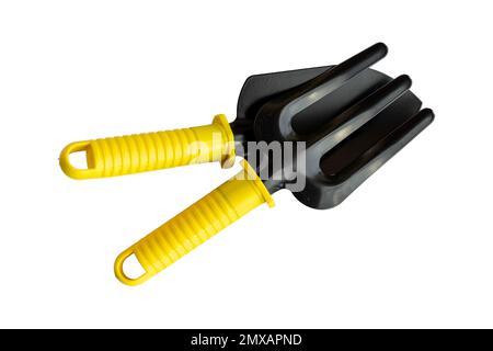 Hand trowel and hand fork gardening tools isolated on white background Stock Photo