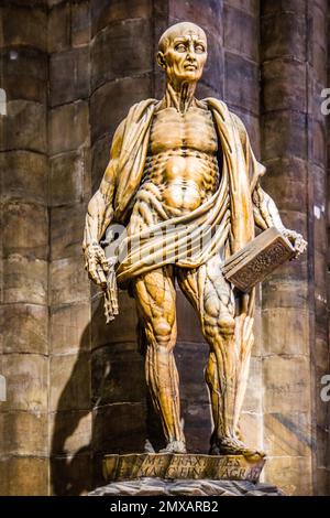 Statue of the flayed Saint Bartholomew from 1562 Milan Cathedral in white marble, Lombardy, Italy, Milan, Lombardy, Italy Stock Photo