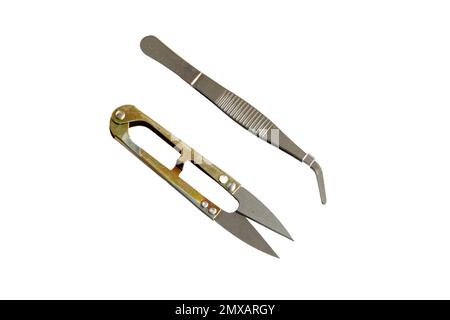 Tweezers and garden scissors isolated on white background Stock Photo
