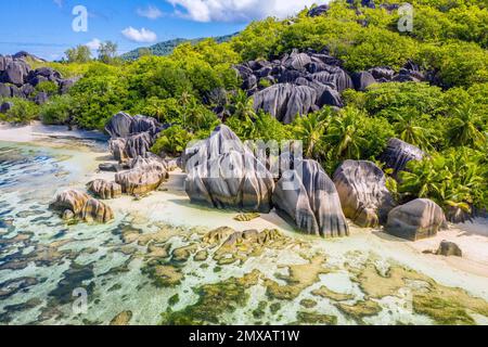 Aerial view of Anse Source d'Argent beach in La Digue, Seychelles Stock Photo