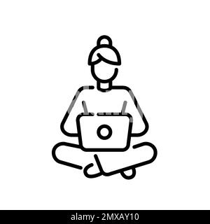 Cozy home office. Girl in pyjamas sitting with a laptop on her knees. Pixel perfect, editable stroke line icon Stock Vector
