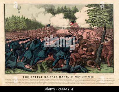 The Battle of Seven Pines (also known as the Battle of Fair Oaks or Fair Oaks Station) took place on May 31 and June 1, 1862, in Henrico County, Virginia as part of the Peninsula Campaign of the American Civil War. It was the culmination of an offensive up the Virginia Peninsula led by Union Major General George McClellan, in which the Army of the Potomac reached the outskirts of Richmond. Stock Photo