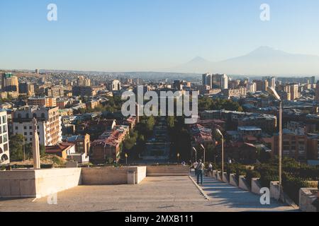 Yerevan, Armenia, beautiful super-wide angle panoramic view of Yerevan with Mount Ararat, cascade complex, mountains and scenery beyond the city, sunn Stock Photo