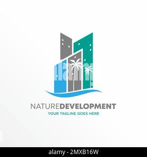 Building or town with coconut tree image graphic icon logo free design abstract concept vector stock. Can be used as a symbol related to property. Stock Vector