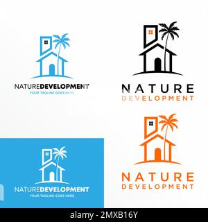 Simple and unique line Home or house with Coconut tree image graphic icon abstract design concept vector stock symbol related to holiday Stock Vector