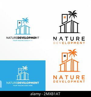 Simple and unique line Home or house with Coconut tree image graphic icon abstract design concept vector stock symbol related to holiday Stock Vector