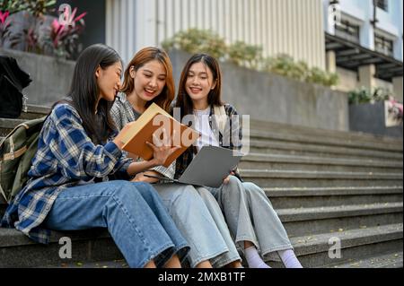 Group of happy and smiling young Asian female college students in casual clothes sitting on campus building stairs, enjoy talking and working on a sch Stock Photo