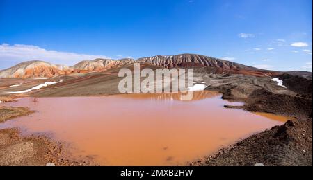 Red reservoir in red striped mountains. Khizi region. Azerbaijan. Stock Photo