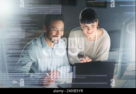 Business people, code with partnership and information technology with laptop for coding, collaboration and overlay. Software development, team and Stock Photo