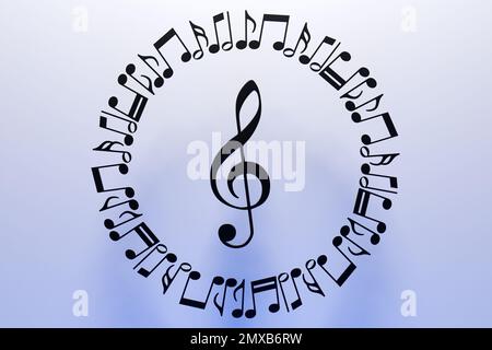 Musical notes and symbols with curves and swirls on a white  background. 3D illustration Stock Photo