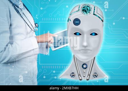 Double exposure of doctor with tablet and artificial intelligence model ...
