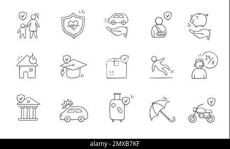 Insurance doodle icon set. Hand drawn sketch life shield, insurance umbrella, medical safety icon set. Health safety, car accident, house protect vector illustration. Stock Vector