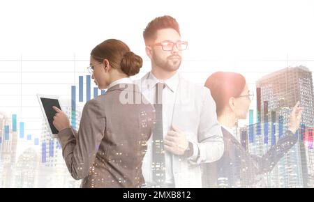 Forex trading. Double exposure of business people and cityscape Stock Photo