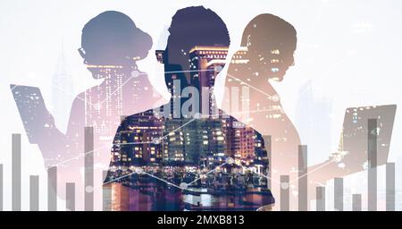 Forex trading. Double exposure of business people and night city Stock Photo