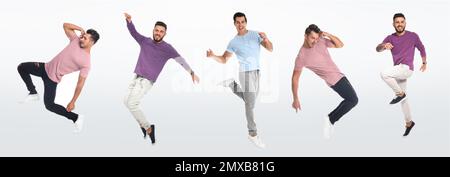 Collage with photos of young men in fashion clothes jumping on white background. Banner design Stock Photo