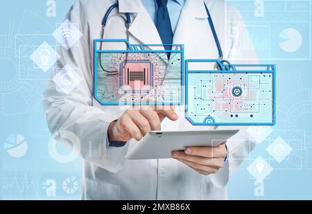Double exposure of doctor using tablet and artificial intelligence ...