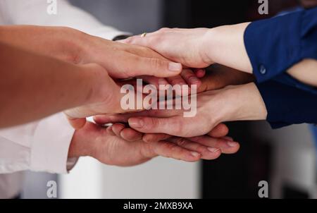 Diverse Multicultural Hand Stack In Circle. Multiracial Cohesive Supporting Hands Stock Photo