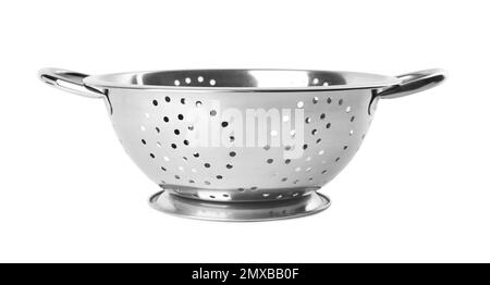 New clean colander isolated on white. Cooking utensils Stock Photo