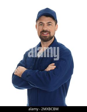 Portrait of professional auto mechanic on white background Stock Photo
