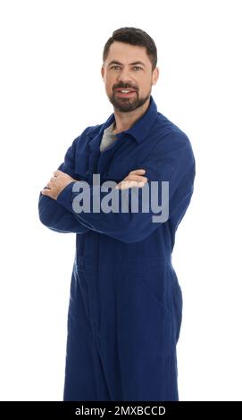 Portrait of professional auto mechanic on white background Stock Photo