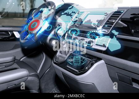 Futuristic technology. Car interior with graphical user interface Stock Photo