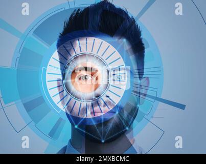 Facial recognition system. Young man scanned by iris and digital biometric grid Stock Photo