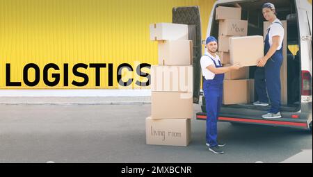 Logistics concept. Men unloading boxes from van Stock Photo