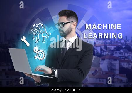 Young man using laptop with machine learning model and cityscape on background Stock Photo