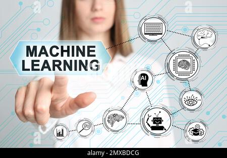 Woman touching icon on virtual screen, closeup. Machine learning concept Stock Photo