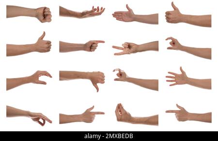 Collage with man showing different gestures on white background, closeup view of hands Stock Photo