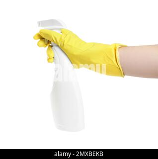 Person in rubber glove with detergent spray on white background, closeup of hand Stock Photo