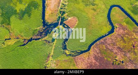 Straight dawn panoramic view from flying drone of bridge over Seret river, Ternopil region, Ukraine, Europe. Incredible summer scene of green flooded Stock Photo