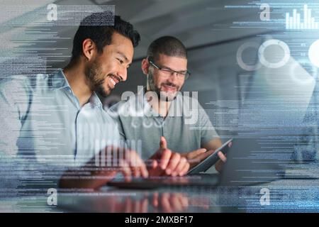 Information technology, laptop hologram and people stock market research, statistics and graph or chart analysis. Trading, digital overlay or software Stock Photo