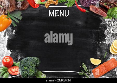 Design of menu with black board and different products, space for text Stock Photo