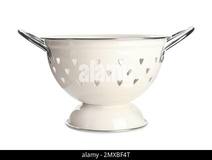 New colander isolated on white. Cooking utensil Stock Photo