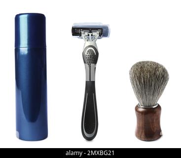 Set with shaving accessories for men on white background Stock Photo