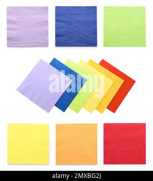 Set with colorful paper napkins on white background, top view Stock Photo