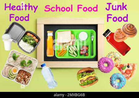 School food, healthy or junk. Different products as variants for lunch Stock Photo