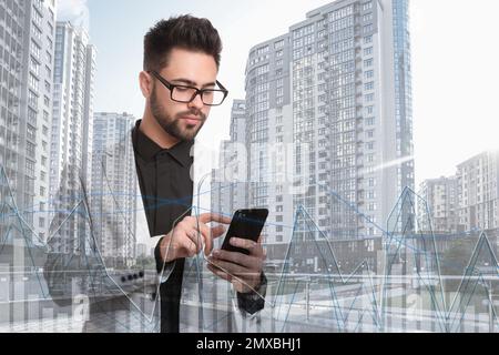 Multiple exposure of businessman, scheme and cityscape. Trade concept Stock Photo